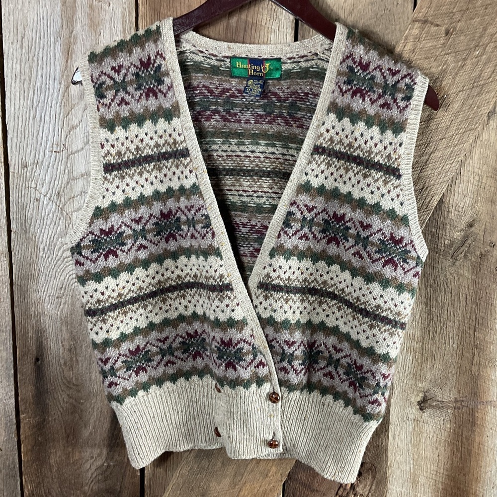 Hunting Horn Vintage 100% Wool Sleeveless Cardigan Size Large
